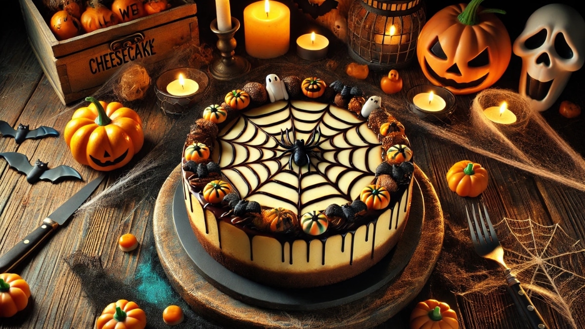 A Halloween cheesecake decorated with a chocolate spiderweb, a black edible spider, and mini pumpkins, surrounded by candles and spooky decorations.