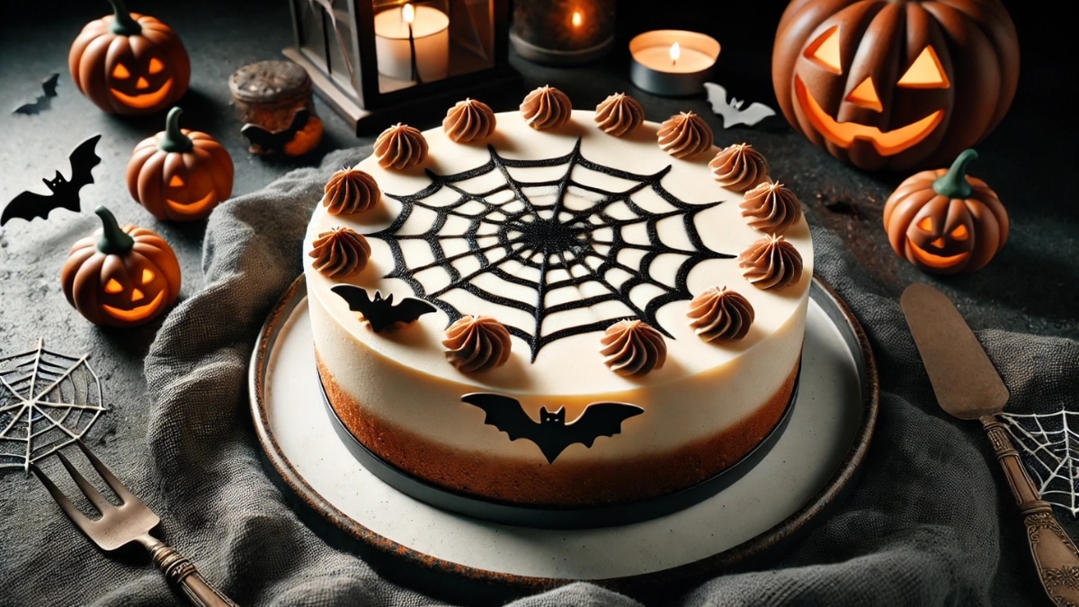 A Halloween cheesecake with a spiderweb design, chocolate bat decorations, and piped cream swirls, surrounded by spooky pumpkins and candles.