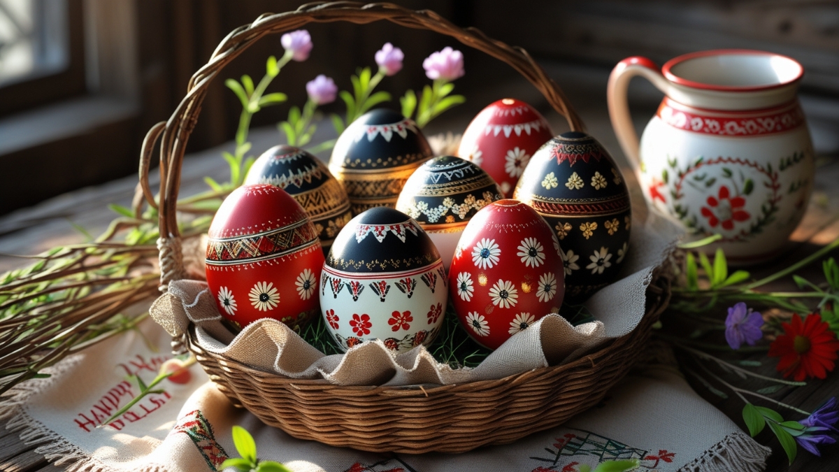 A rustic wicker basket filled with hand-painted Easter eggs in red, black, and white, decorated with intricate folk art patterns and floral motifs.
