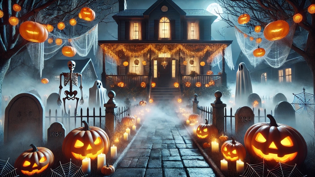 A spooky Halloween house decorated with glowing jack-o'-lanterns, eerie fog, skeletons, and ghostly figures in a haunted front yard.