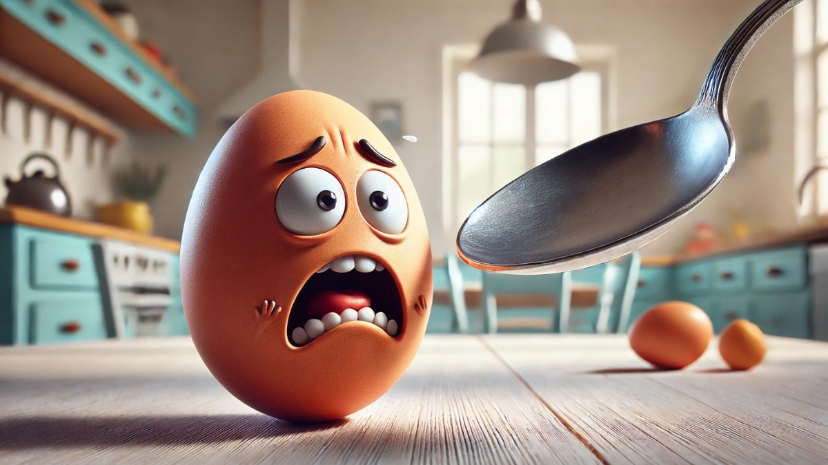 A funny Easter egg with a panicked face staring at a large spoon, as if realizing its fate in the kitchen, surrounded by a cozy cooking environment.