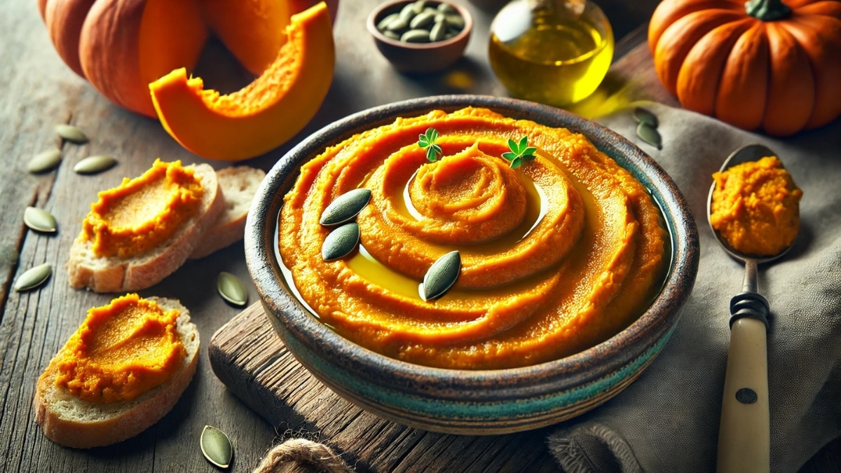 A smooth and creamy Hokkaido pumpkin spread, garnished with olive oil and pumpkin seeds, served on rustic bread slices.