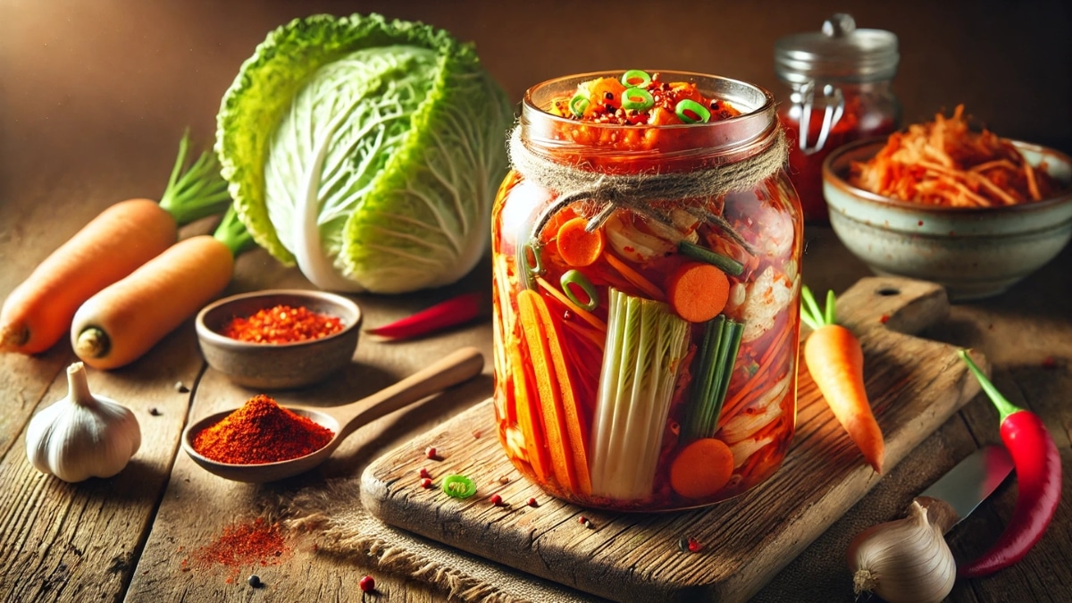 A glass jar filled with homemade kimchi, packed with napa cabbage, carrots, green onions, and chili seasoning, surrounded by fresh ingredients on a rustic wooden table.