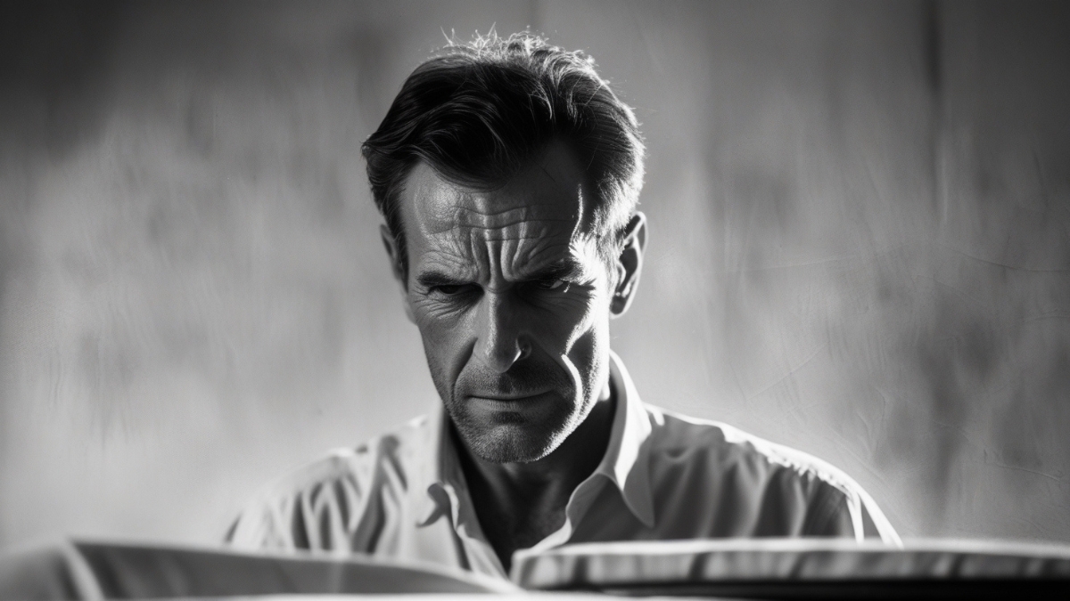 Black and white portrait of a middle-aged man with a serious expression, deep wrinkles, and intense gaze.