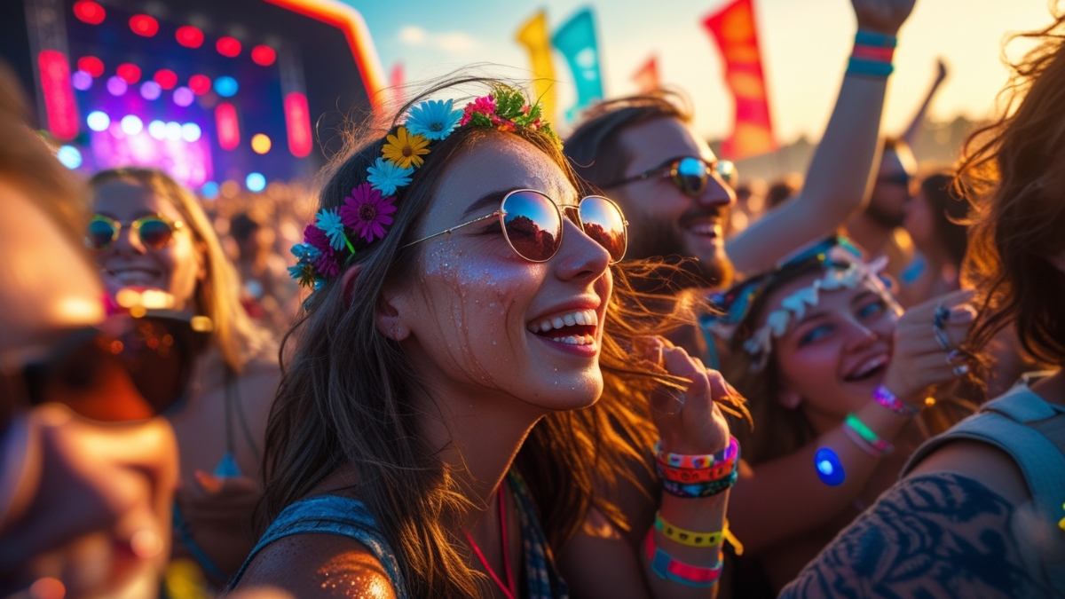 A young woman with a flower crown and sunglasses smiles joyfully at a vibrant outdoor music festival, surrounded by happy festival-goers in colorful outfits.
