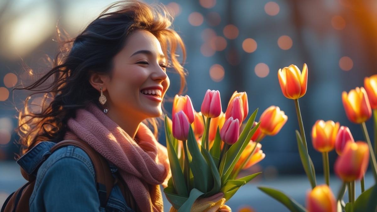 A smiling woman holding a bouquet of vibrant tulips outdoors, enjoying a festive and cheerful moment.