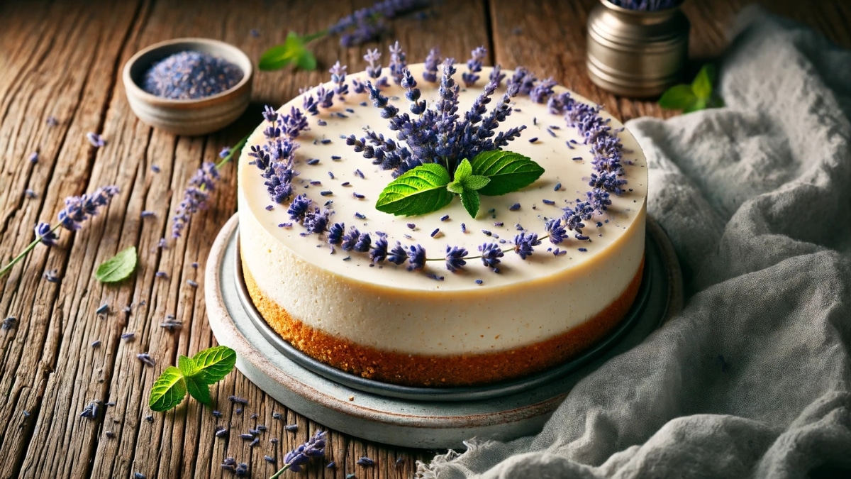 A lavender cheesecake with a golden biscuit crust, smooth creamy filling, and fresh lavender garnish, served on a rustic wooden table.