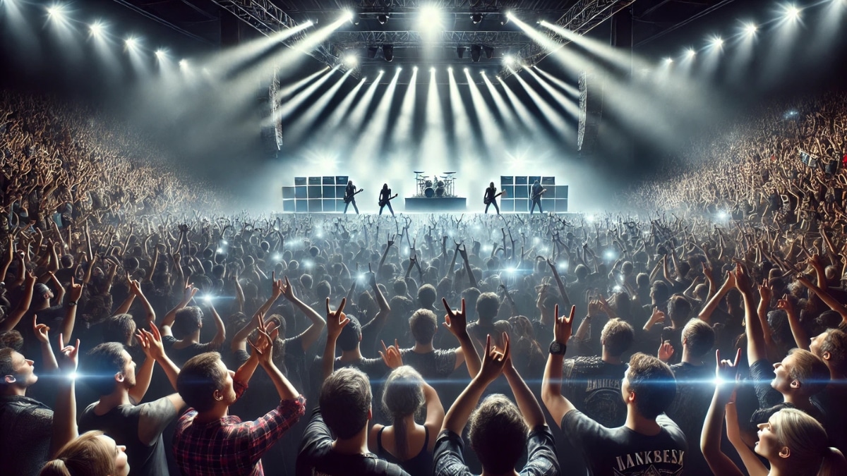 A massive crowd cheering at a rock concert with powerful stage lights illuminating the performing band.