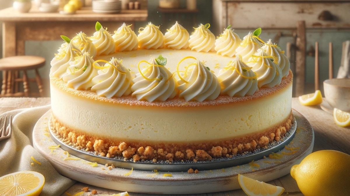 A lemon cheesecake with a golden biscuit crust, creamy filling, whipped cream swirls, lemon zest, and fresh citrus slices, served on a rustic wooden table.