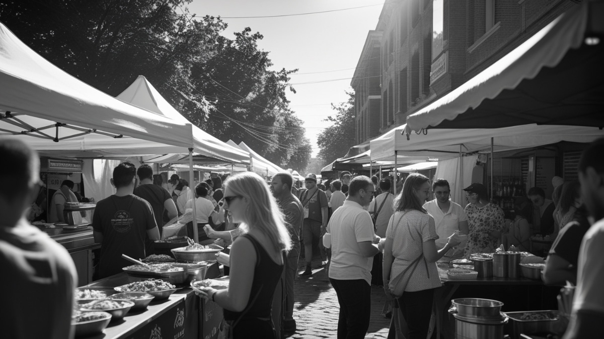 A black and white photograph capturing a bustling street food festival with people exploring various food stalls, enjoying local cuisine, and socializing in a lively market atmosphere.