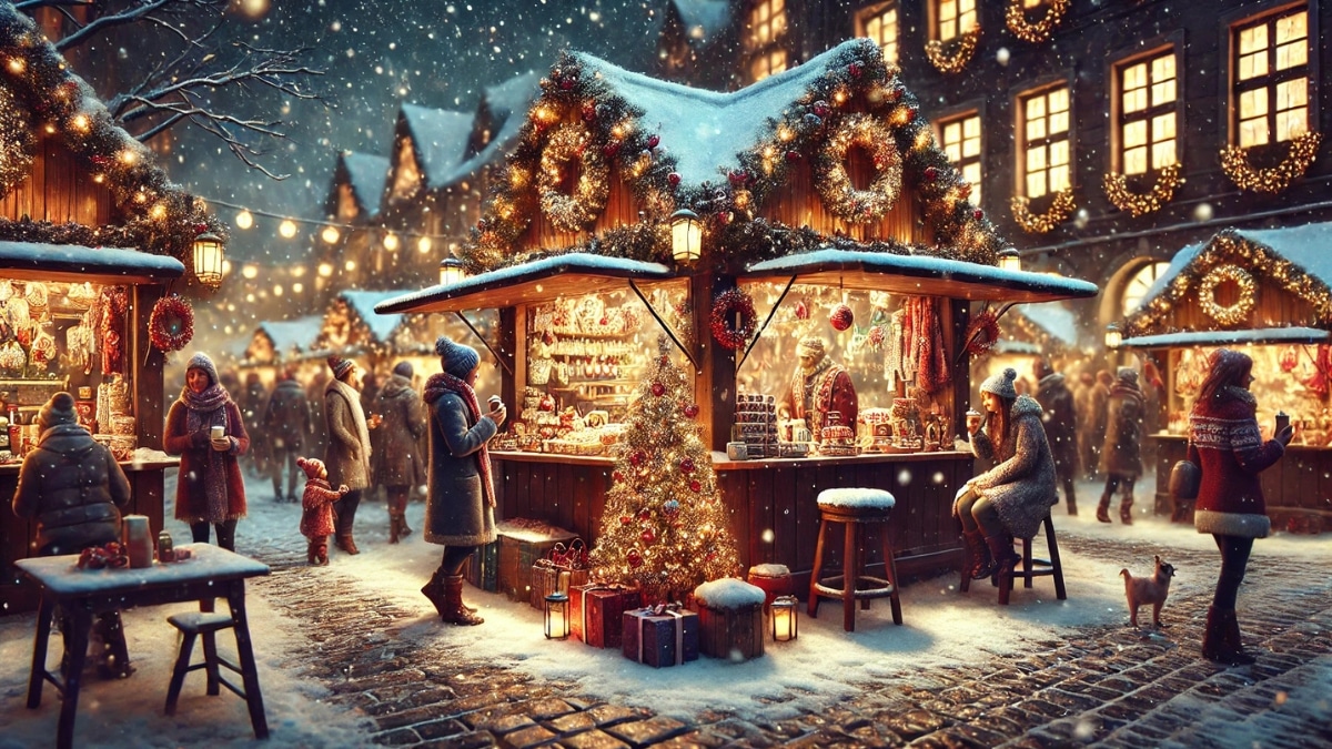A vibrant Christmas market at night, illuminated by festive lights. Snow-covered wooden stalls decorated with garlands and ornaments offer holiday treats, gifts, and warm drinks.