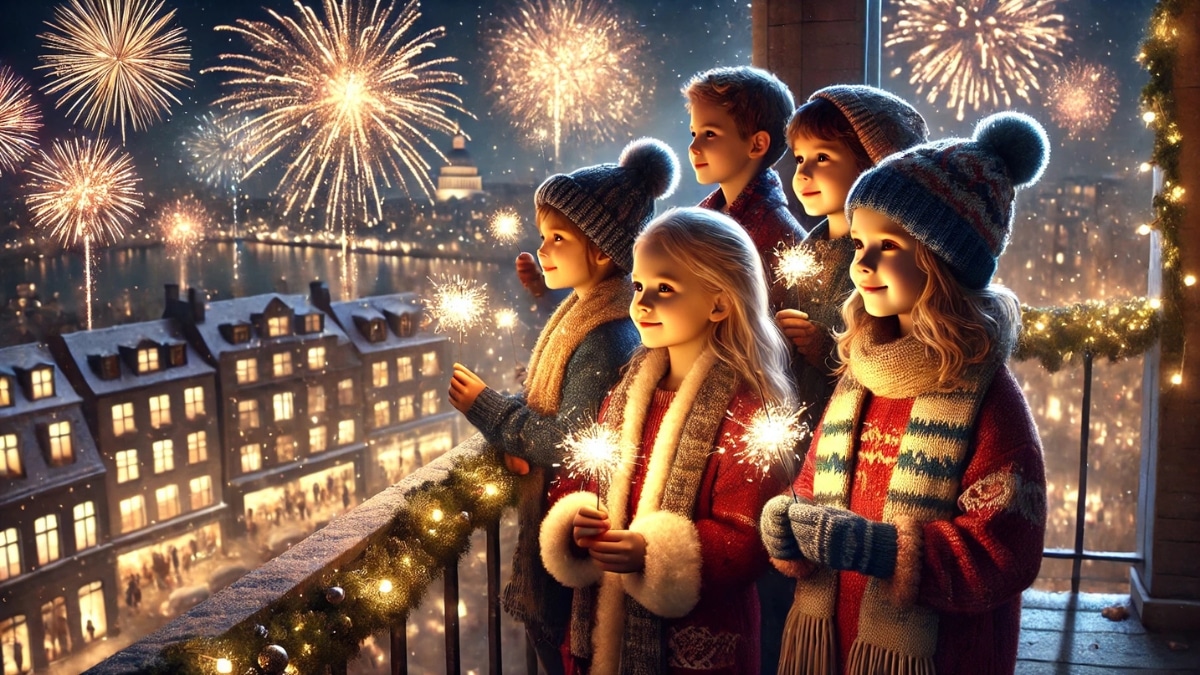 Children enjoying a magical New Year's Eve on a balcony with sparklers and fireworks in the background.
