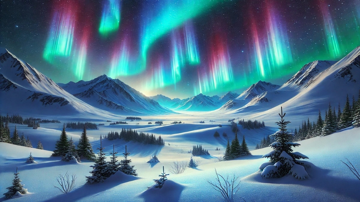 Breathtaking northern lights illuminating a serene winter landscape with snow-covered mountains and evergreen trees.