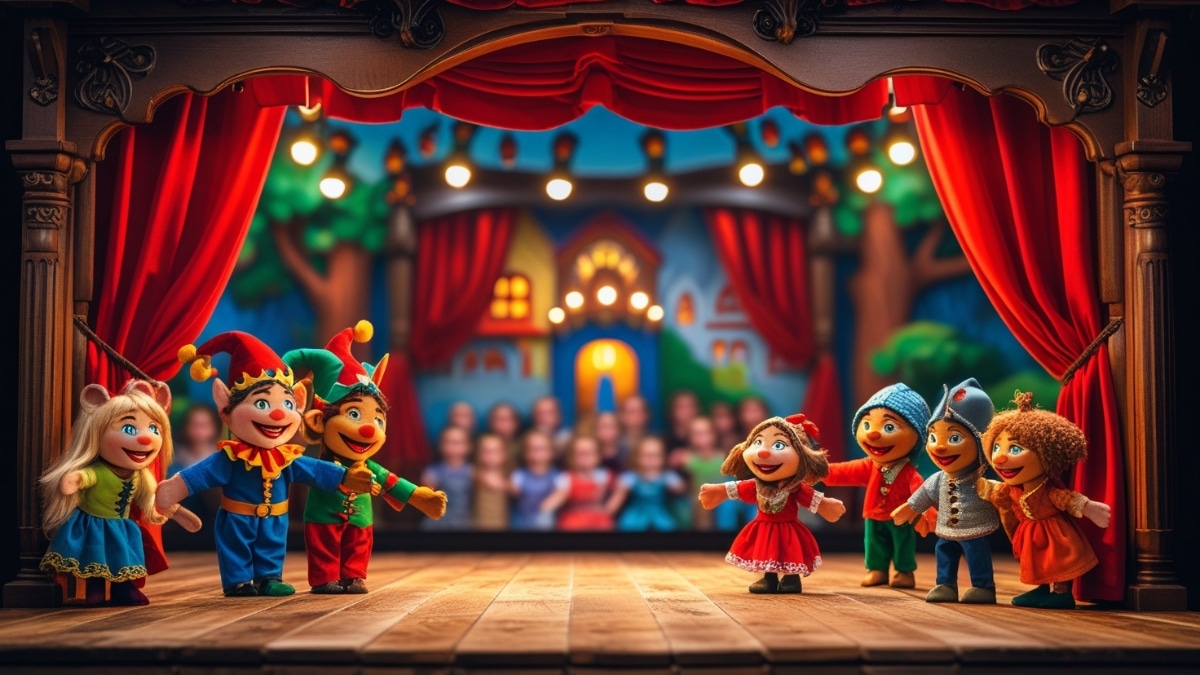 A beautifully designed puppet theater with colorful marionettes performing a fairy tale story on a wooden stage, with an excited audience of children watching.