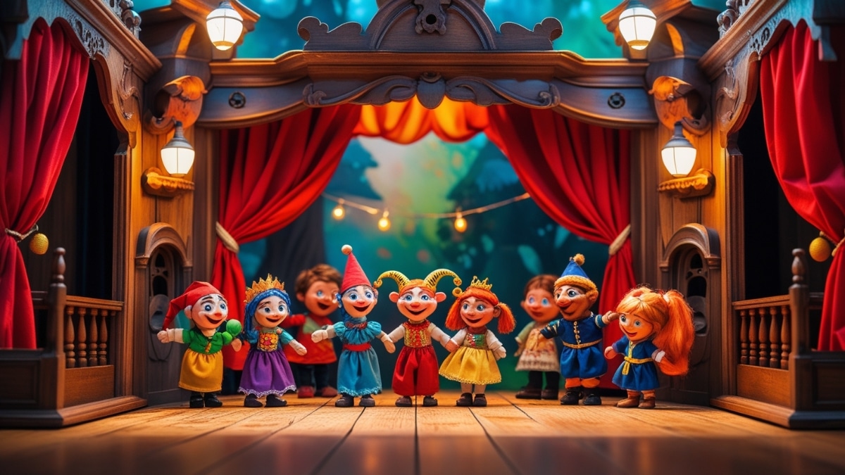 Wooden puppet theater with colorful characters performing on stage, surrounded by red curtains and warm lighting.