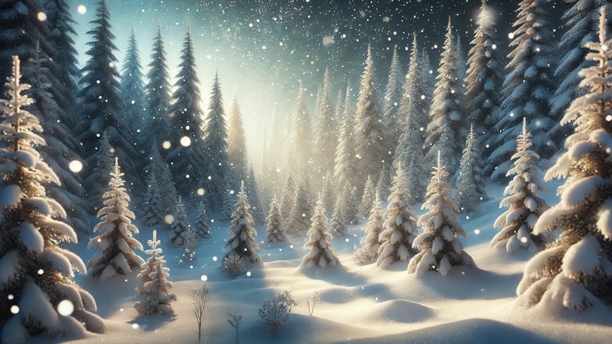 A serene winter forest blanketed in snow with softly falling snowflakes, illuminated by gentle light filtering through the trees.