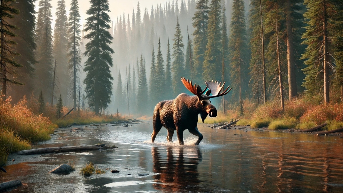 A majestic moose wading through a shallow river, surrounded by a dense forest with golden sunlight filtering through the trees.