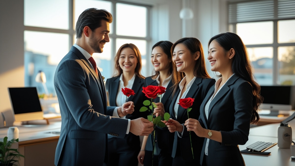 A well-dressed businessman hands red roses to smiling female colleagues in a modern office, celebrating appreciation and teamwork.
