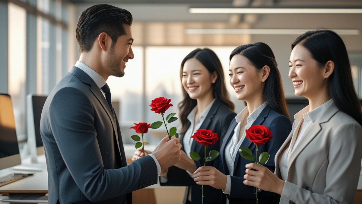 A well-dressed man hands red roses to his smiling female colleagues in a modern office, celebrating appreciation and teamwork.