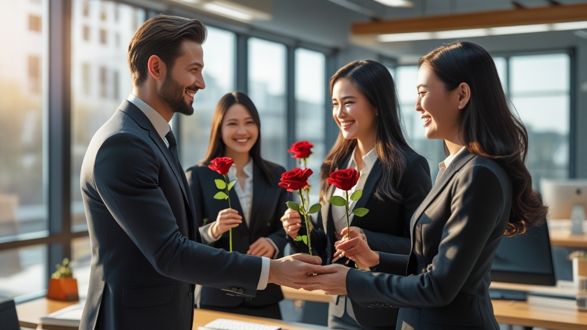 A well-dressed man hands red roses to smiling female colleagues in a modern office, celebrating appreciation and teamwork.