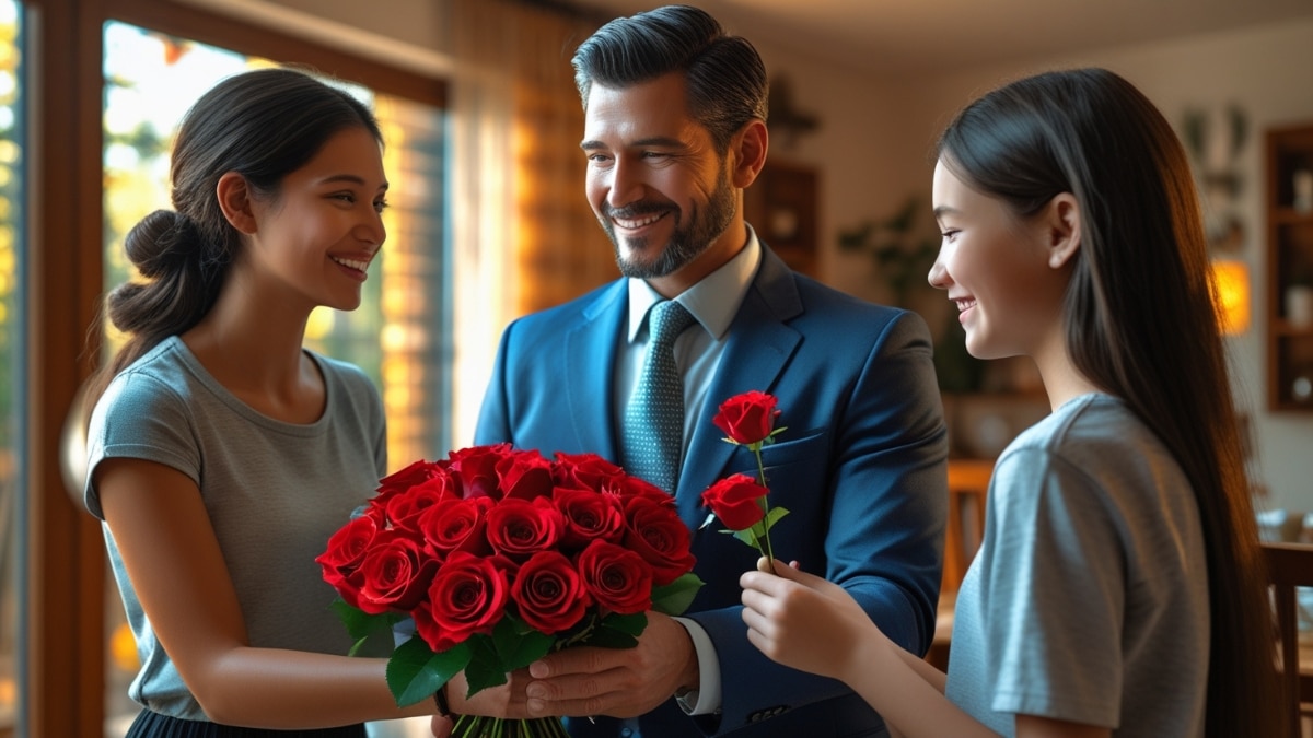 A well-dressed man hands a bouquet of red roses to two smiling young women in a cozy home, celebrating a special occasion.