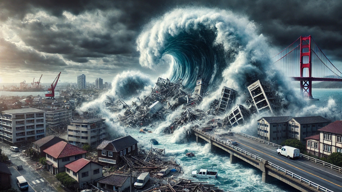 A giant tsunami wave crashes into a coastal city, destroying buildings and infrastructure.