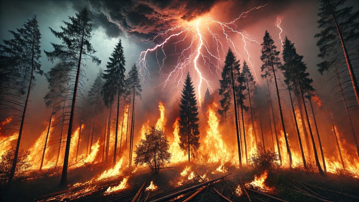 A raging wildfire spreads through a dense forest, with towering flames consuming trees while a powerful thunderstorm brings lightning strikes into the fiery sky.