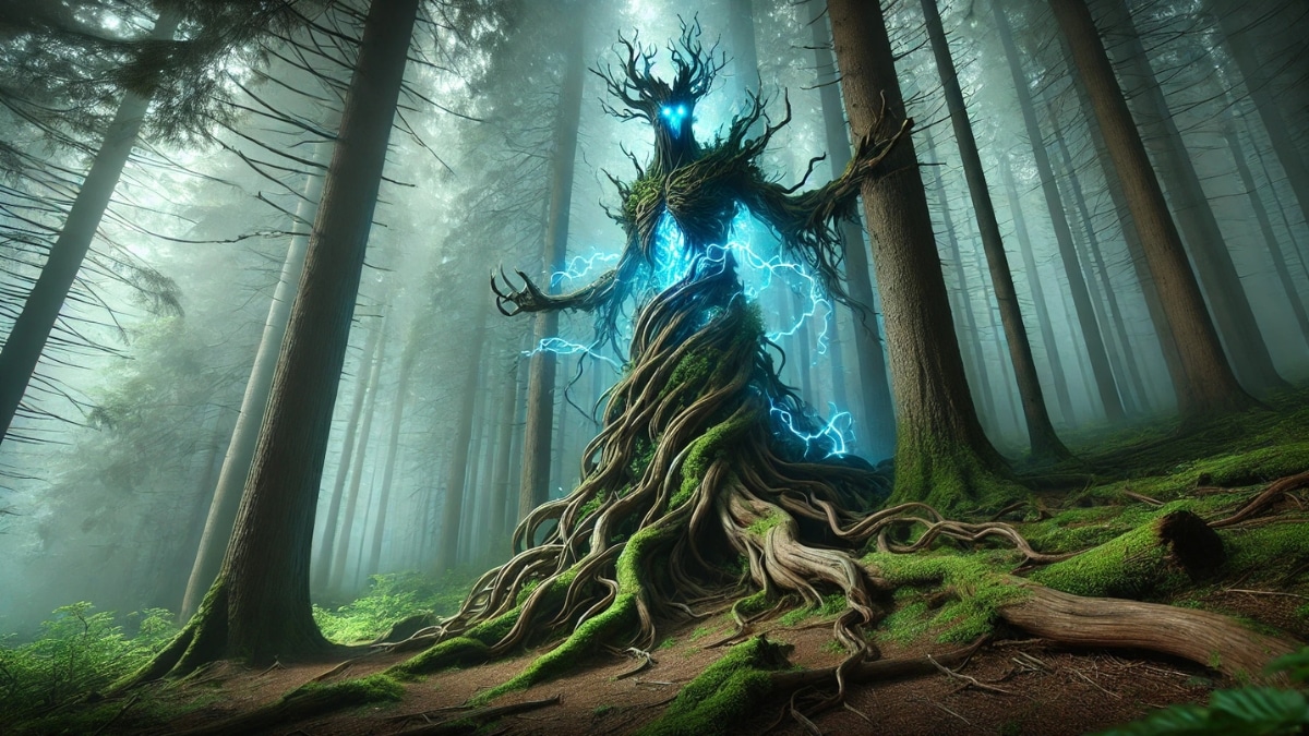 A towering mystical forest spirit made of ancient roots and branches, glowing with magical energy, emerges in a misty enchanted woodland.