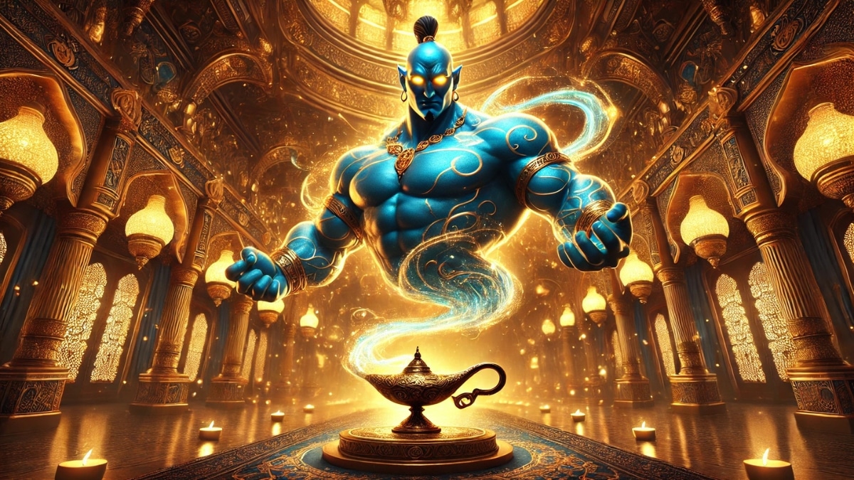 A powerful blue-skinned genie with glowing eyes emerges from an ancient golden lamp in a grand oriental palace, surrounded by golden light.