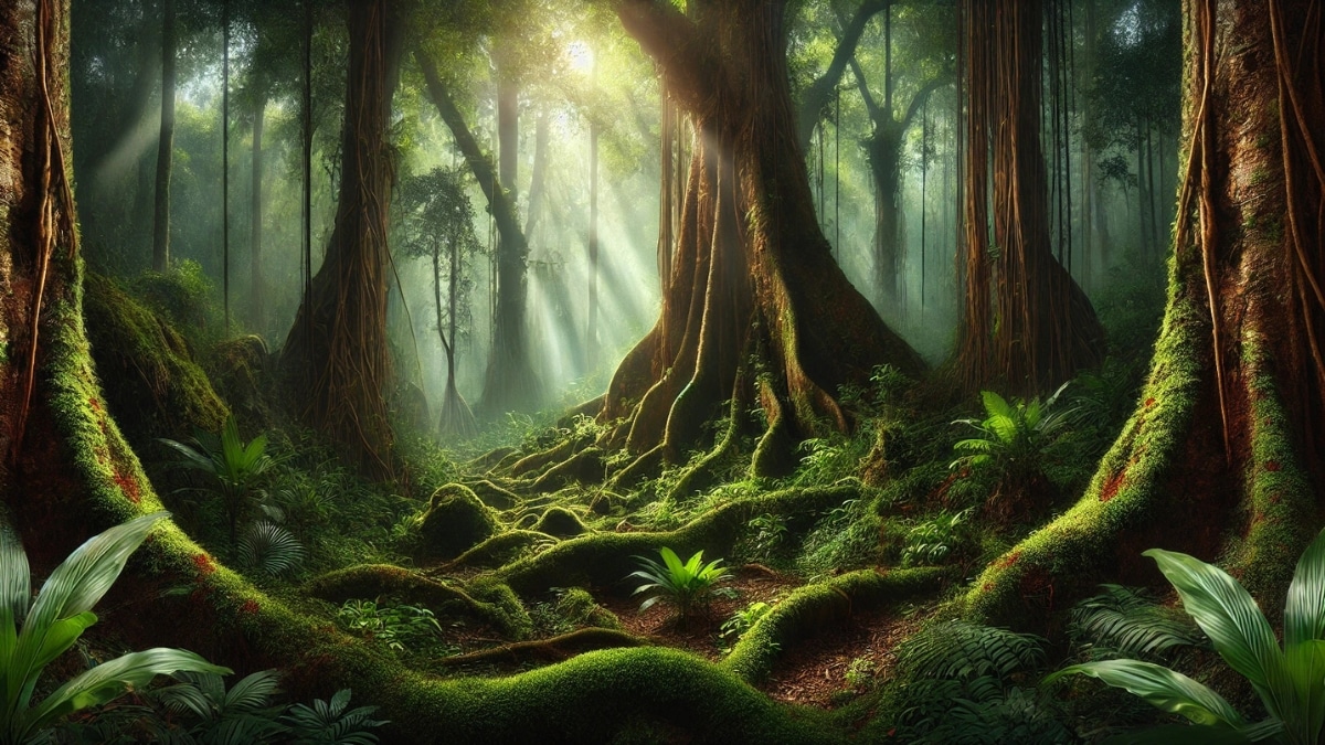 A dense rainforest with massive moss-covered roots and towering ancient trees, bathed in soft sunlight.