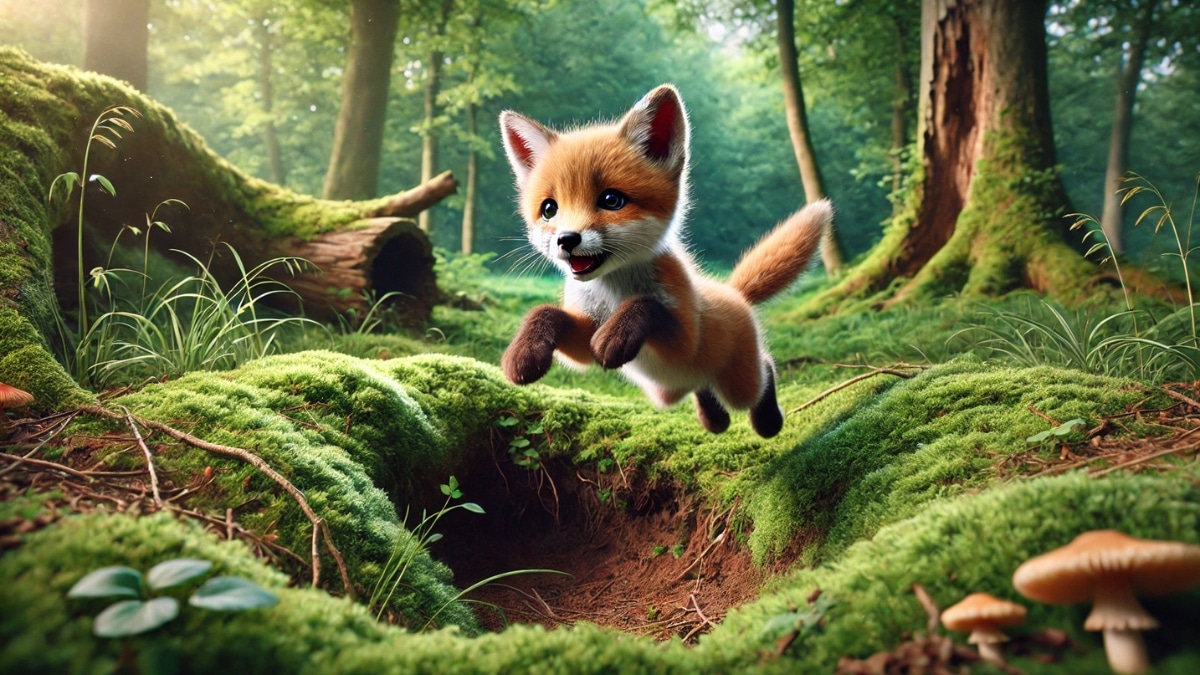 A playful fox cub joyfully leaping near its den, surrounded by lush green moss and towering trees in a peaceful forest.