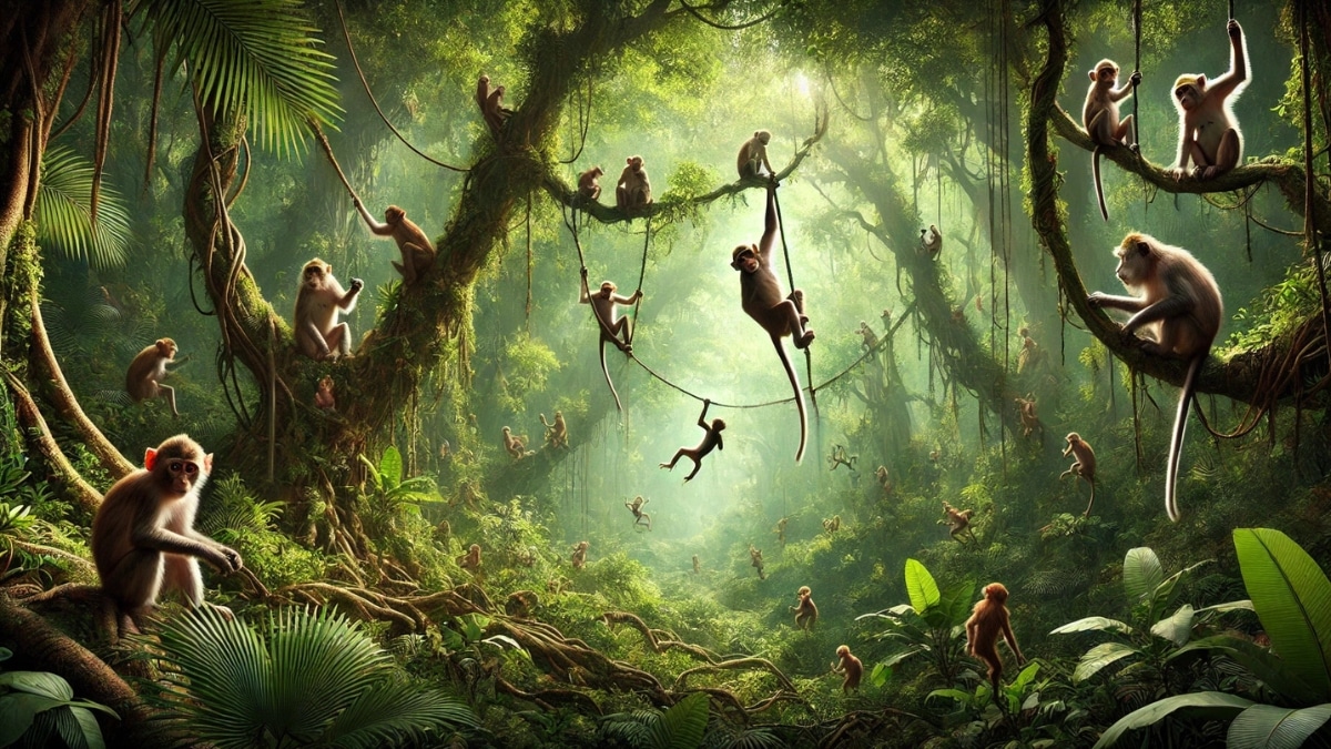 A vibrant tropical jungle filled with playful monkeys swinging from vines and climbing lush green trees, surrounded by dense foliage and sunlight.