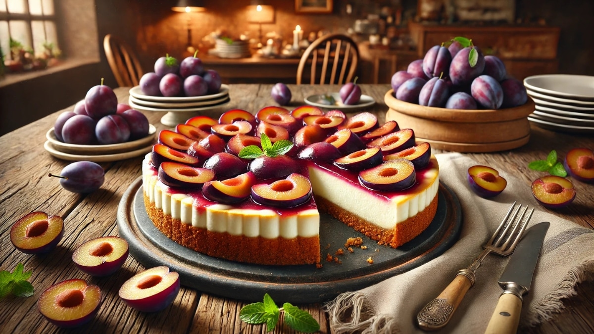 A plum cheesecake with a golden biscuit crust, creamy white filling, and fresh sliced plums on a berry glaze, served on a rustic wooden table.