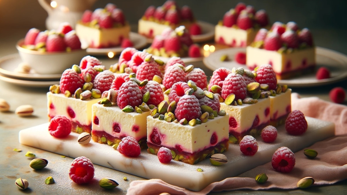 Elegant raspberry pistachio cheesecake bars with a creamy filling, fresh raspberries, and crunchy pistachios, dusted with powdered sugar.