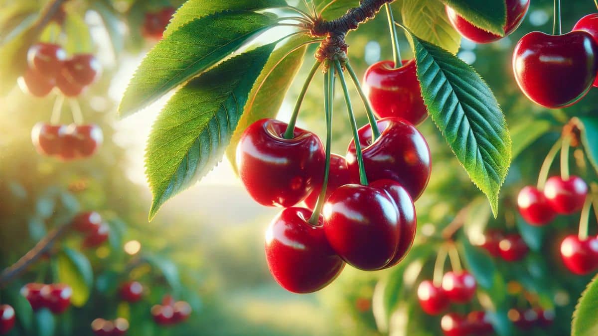 A close-up of ripe, deep-red cherries hanging from a tree branch, surrounded by lush green leaves and bathed in warm sunlight.