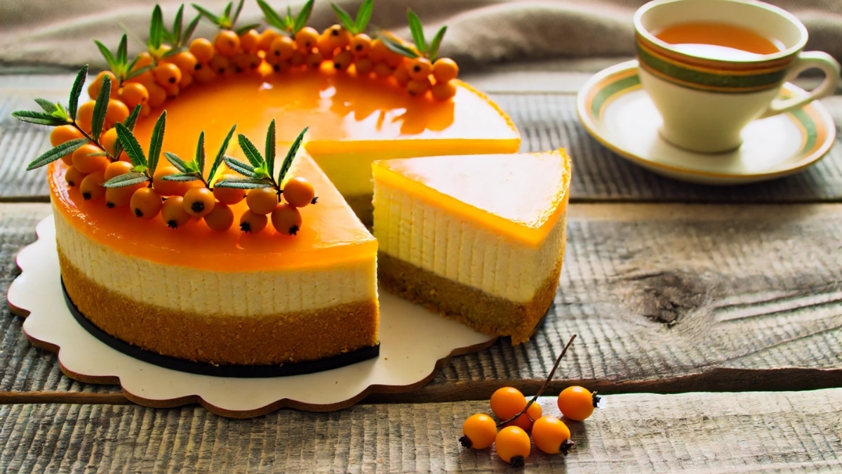 A vibrant sea buckthorn cheesecake with a glossy orange topping and fresh sea buckthorn berries, served on a rustic wooden table.