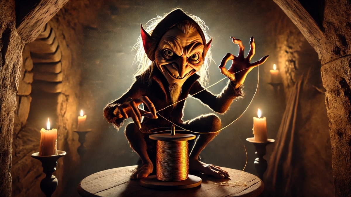 A mischievous and sinister Rumpelstiltskin spinning golden thread in a dimly lit medieval chamber with flickering candlelight.
