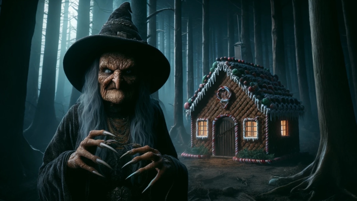 A terrifying old witch with sharp claws and a wrinkled face stands in front of a gingerbread house deep in a dark, eerie forest.