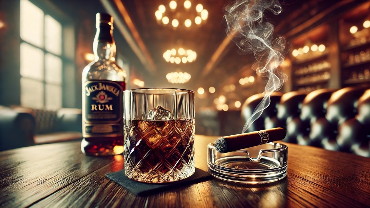 A glass of dark rum in a crystal tumbler with ice, alongside a smoking cigar in an ashtray, set in an elegant lounge with warm lighting.
