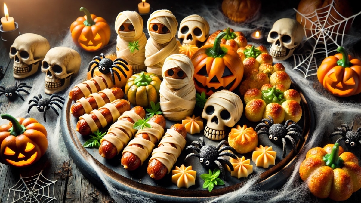 A Halloween appetizer platter featuring mummy-wrapped sausages, pumpkin-shaped bread rolls, spooky spider candies, and skull-shaped treats surrounded by eerie decorations.