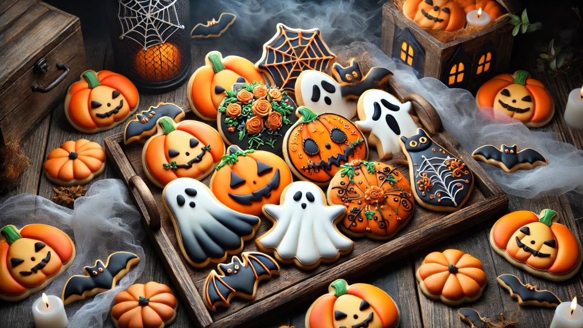 A beautifully decorated set of Halloween-themed sugar cookies featuring pumpkins, ghosts, bats, and spiderwebs with vibrant icing details on a rustic wooden tray.