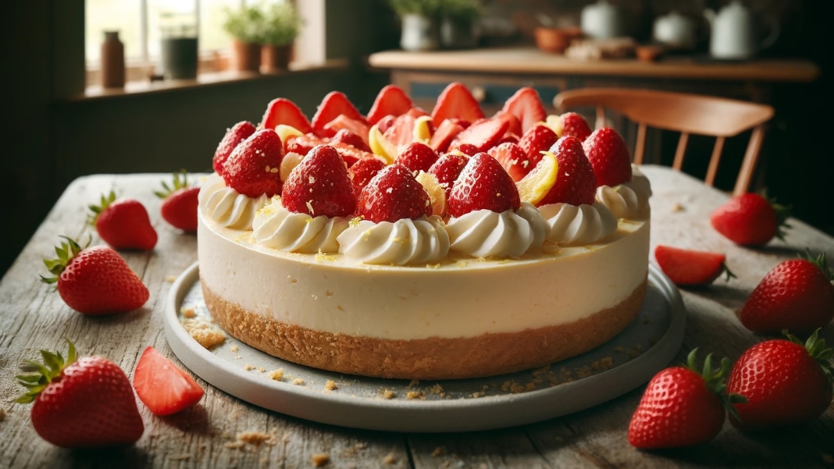 A strawberry cheesecake with a golden biscuit crust, creamy filling, whipped cream swirls, fresh strawberries, and lemon zest, served on a rustic wooden table.