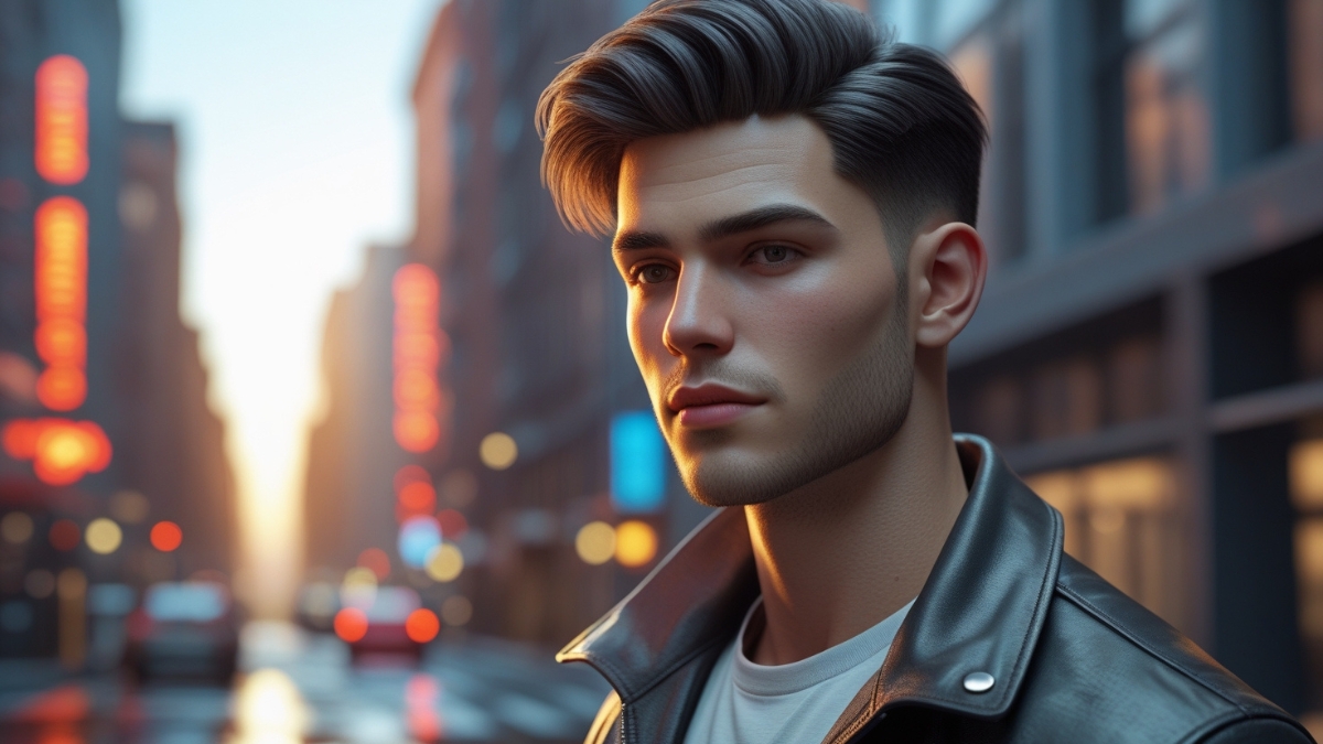 A confident young man in a black leather jacket walks through a neon-lit city at dusk, exuding style and charisma.