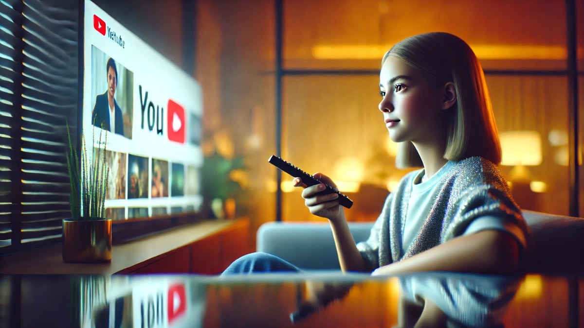 A teenage girl sitting on a couch, holding a remote, watching YouTube on a smart TV in a warmly lit modern living room.