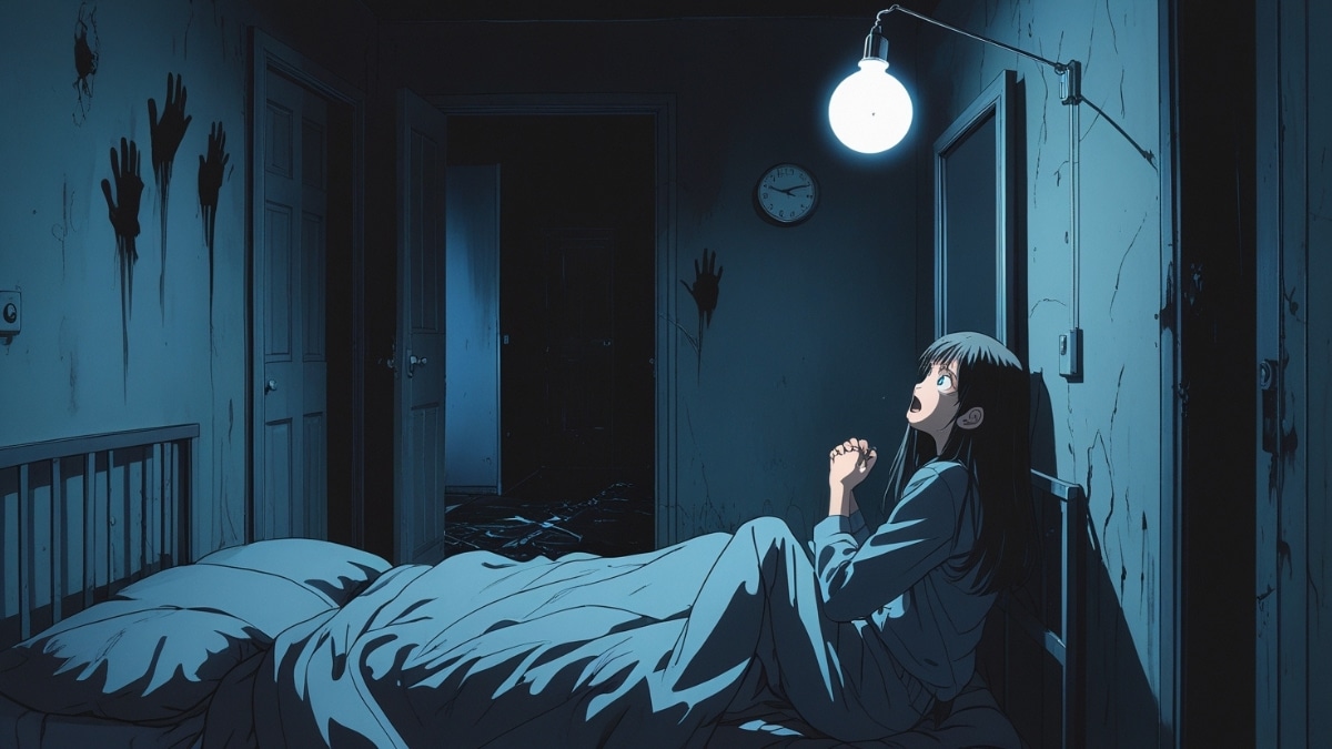 A frightened anime girl sitting in bed inside a dark haunted room, staring in fear at eerie handprints on the walls and a shadowy open doorway.