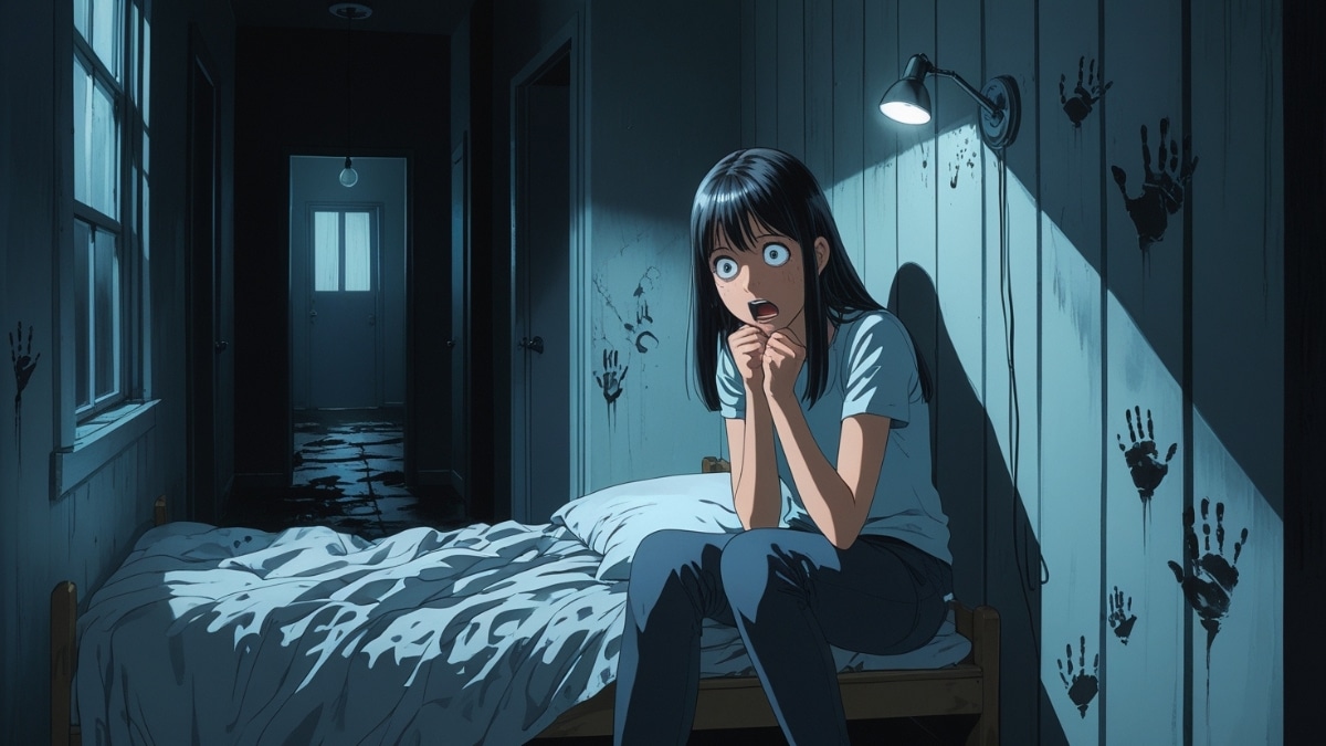 A frightened anime girl sitting on a bed in a dimly lit haunted room, staring in fear at eerie black handprints on the walls and a dark hallway.
