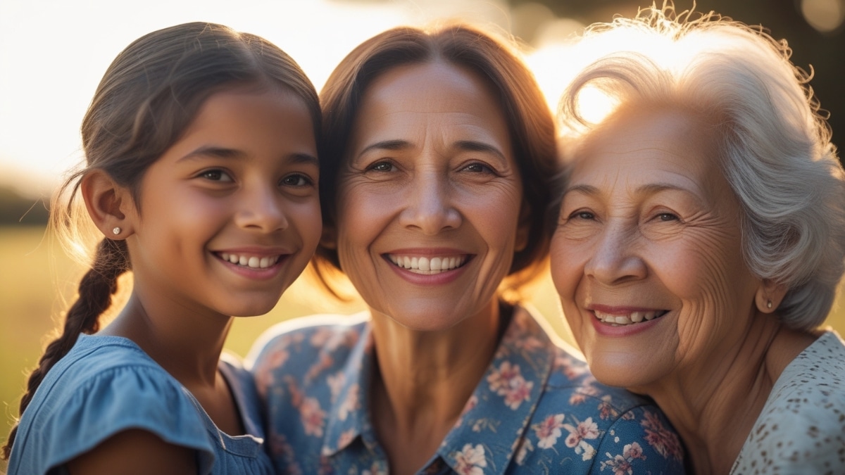 A young girl, her mother, and grandmother smiling warmly, symbolizing family love and generational connection.