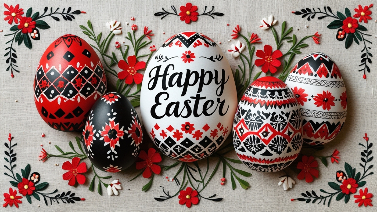Beautiful Easter eggs decorated with traditional red, black, and white folk patterns, placed on embroidered fabric with floral motifs.