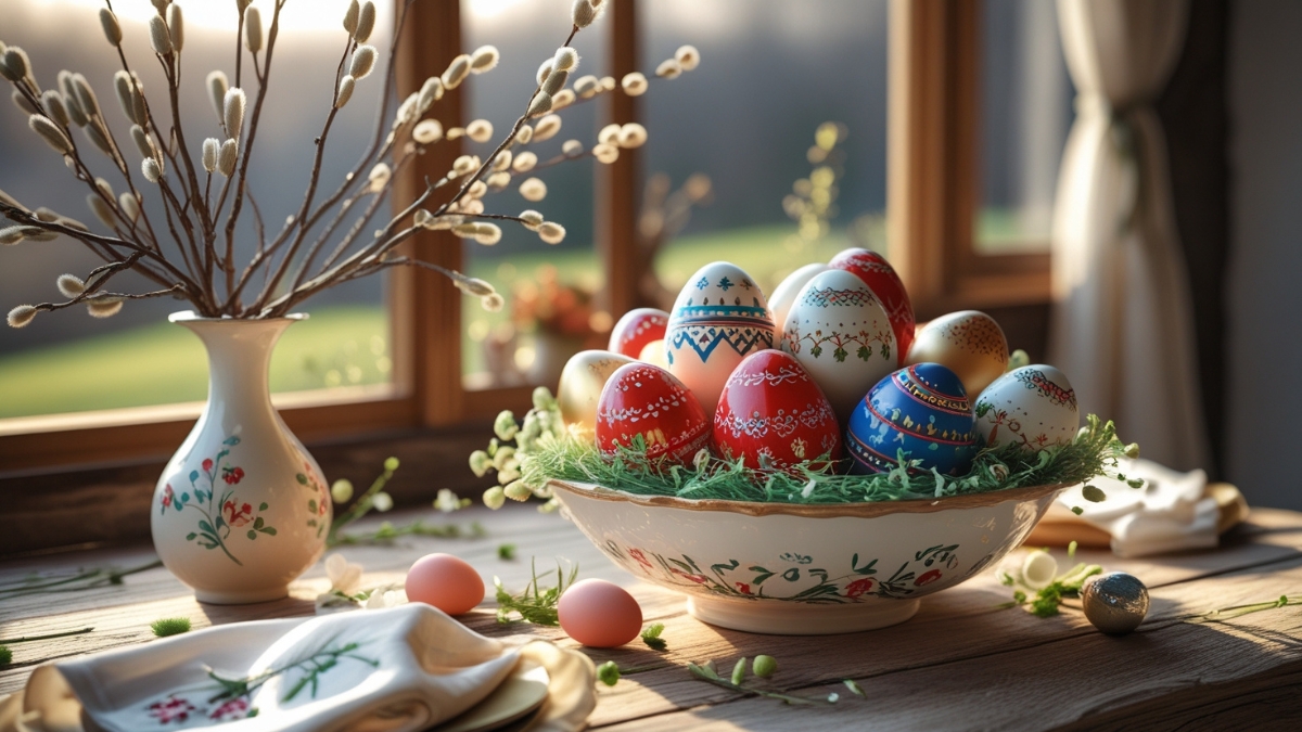 Beautiful Easter table setting with hand-painted eggs in red, blue, and white, arranged in a floral bowl with willow branches and spring decor.