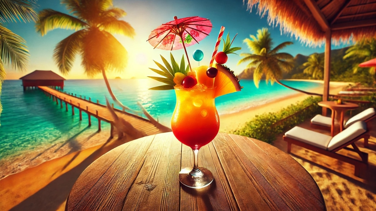 A vibrant tropical cocktail with fresh fruit garnishes and an umbrella, set on a wooden table overlooking a beautiful beach at sunset.